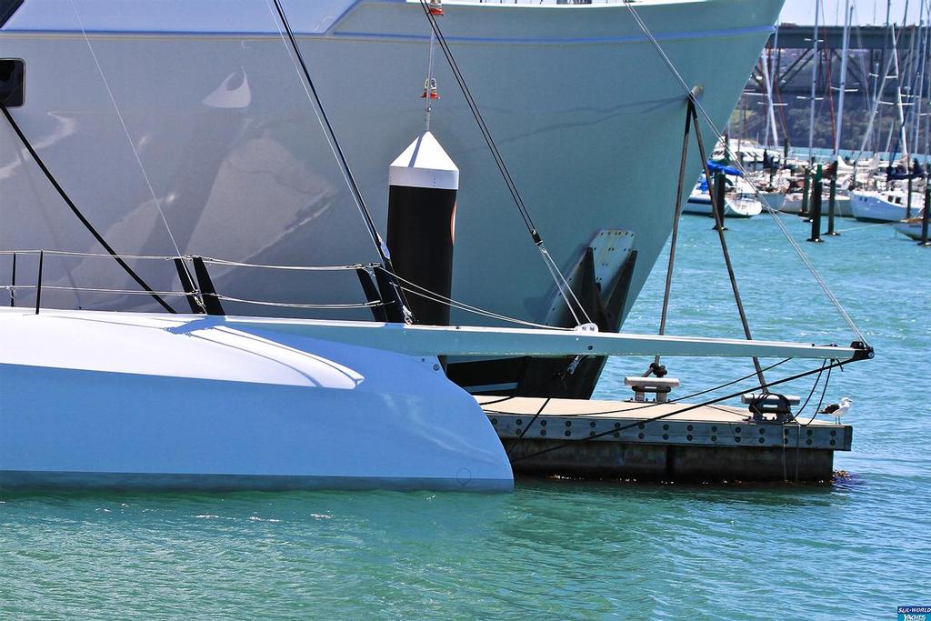 A radically reshpaed bow helps extend the waterline length- CQS - on the dock - November 22,2016 © Richard Gladwell www.photosport.co.nz